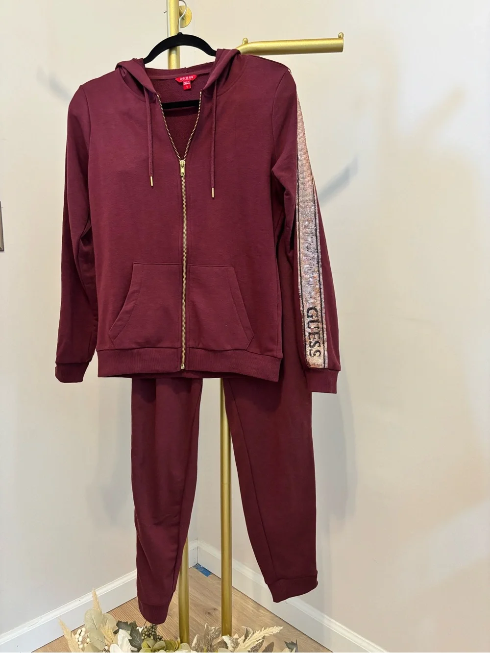 Guess women Burgundy Hoodie & Jogger Set with Sequin Sleeve Stripe